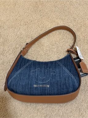 NWT True Religion Horseshoe Denim and Tan Leather Shoulder Bag